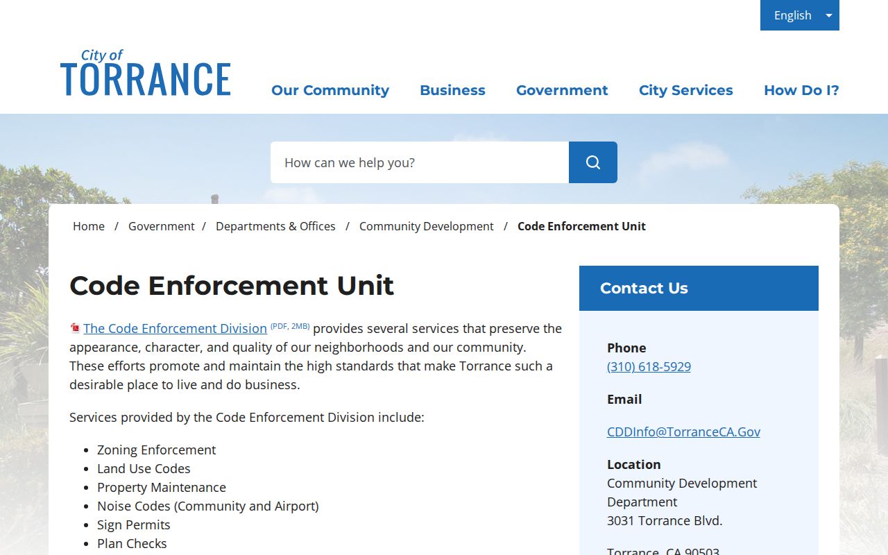 Torrance public records page for local code enforcement cases